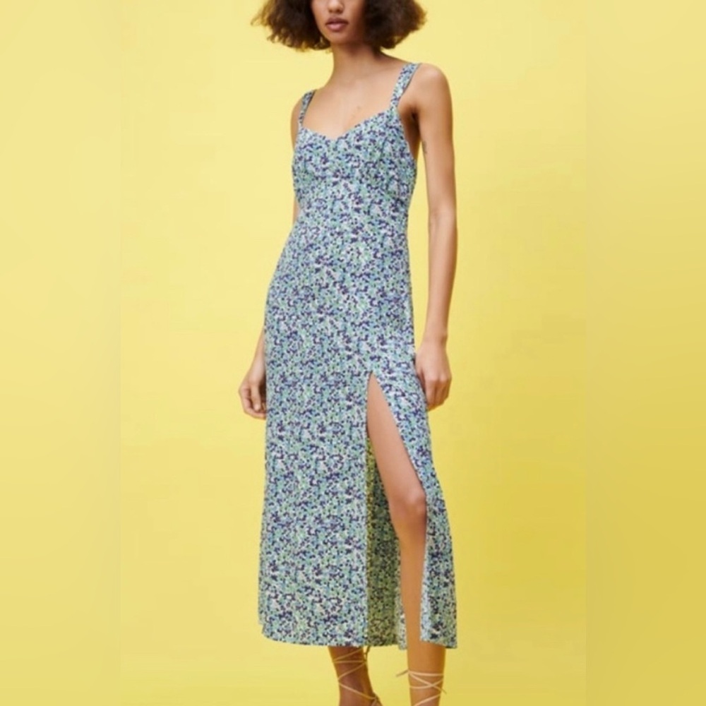 Zara Blue Floral Midi Dress with Purple & White Print